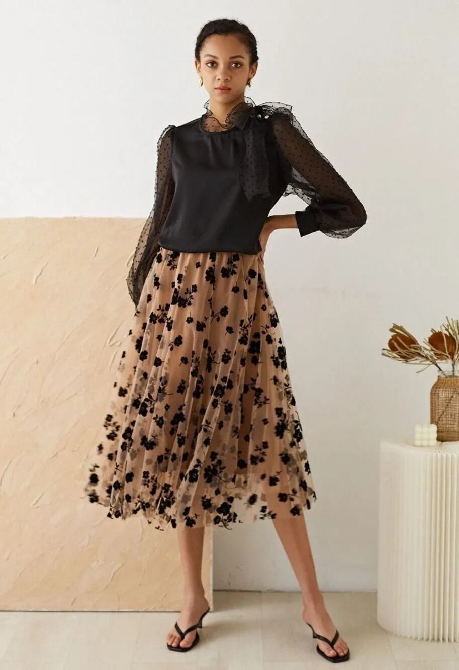 Chicwish Caramel Brown 3D Posy Double-Layered Mesh A-line Party Midi Skirt XS